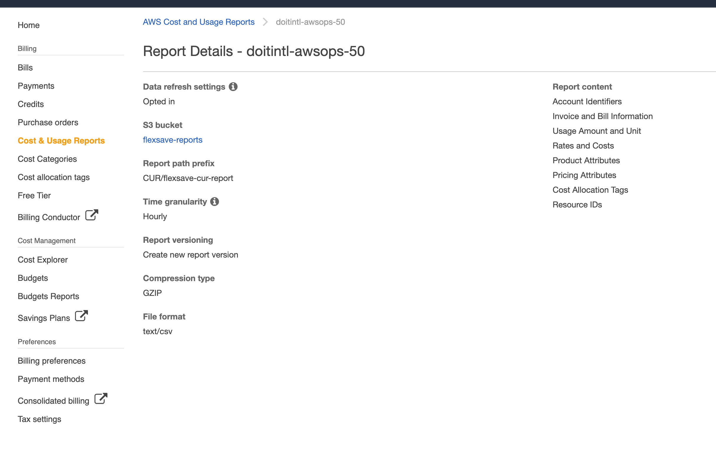 AWS Cost and Usage Report overview screen