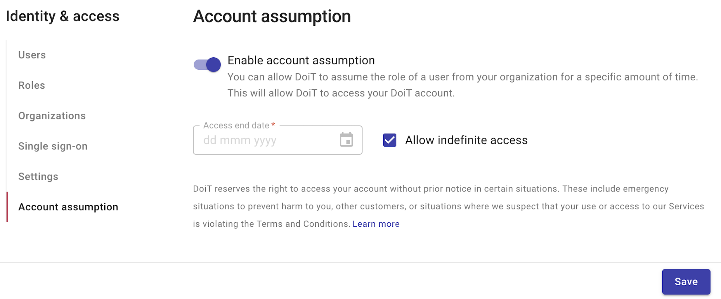 Account assumption settings